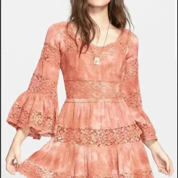 Free People Sunrise Distress Orange Pippa Fit/Flare Bell Slv Dress $168 size 0 - Picture 2 of 4